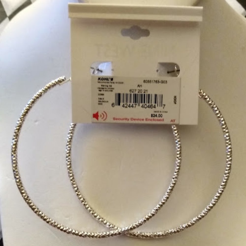 NINE WEST Glam Sparkly Silver Diamond Textured 3.5" Hoop Earrings**NEW! - Picture 2 of 2